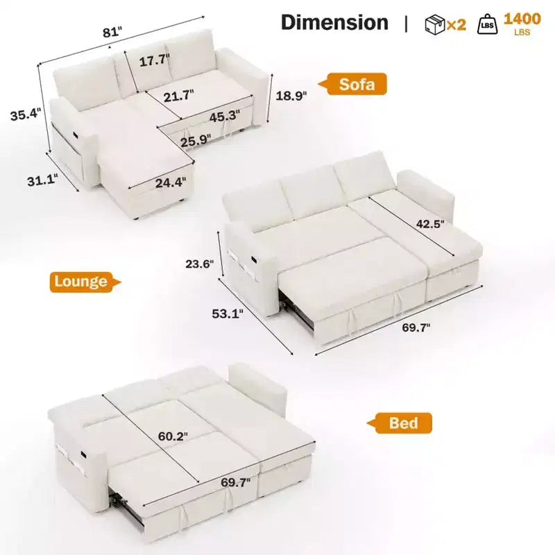 2-in-1 Schlafsofa zum Ausziehen mit Stauraum-Recamiere, Chenille-Ecksofa mit USB-Anschlüssen für das Wohnzimmer