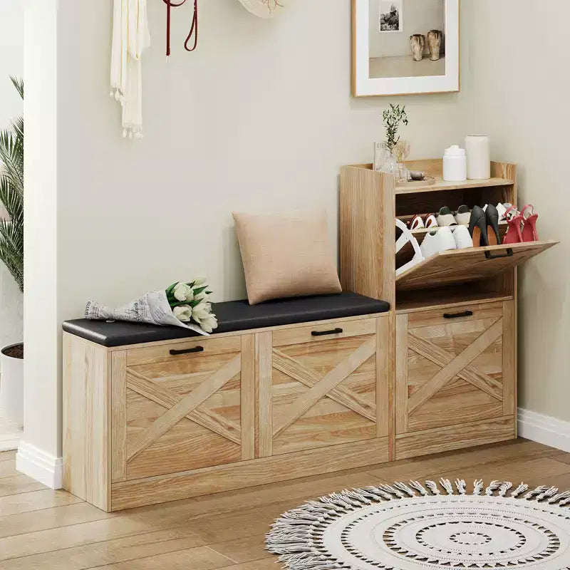 Sitzbank mit 4 Klappfächern und gepolstertem Sitzkissen, schmaler Schuhschrank aus Holz, geeignet als Bank für den Eingangsbereich des Wohnzimmers