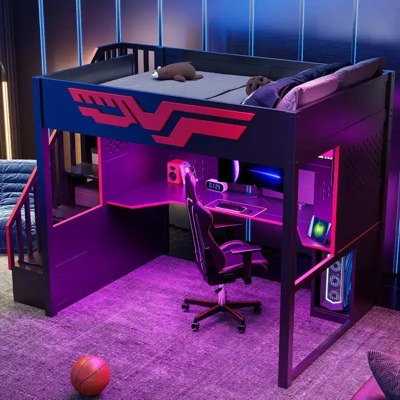 Vollständiges Gaming-Hochbett mit Schreibtisch und LED-Beleuchtung, großes Hochbett aus Holz mit Treppe und Stauraumtreppe sowie USB-Anschluss, Rot+Schwarz