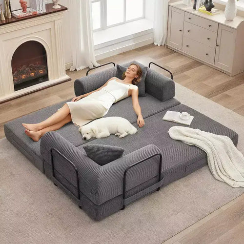 2-in-1 Schlafsofa, bequemes klappbares Cord-Schlafsofa mit tiefer Sitzfläche und breiten Armlehnen, knochenloses Sofa, für Wohnzimmer, Apartments