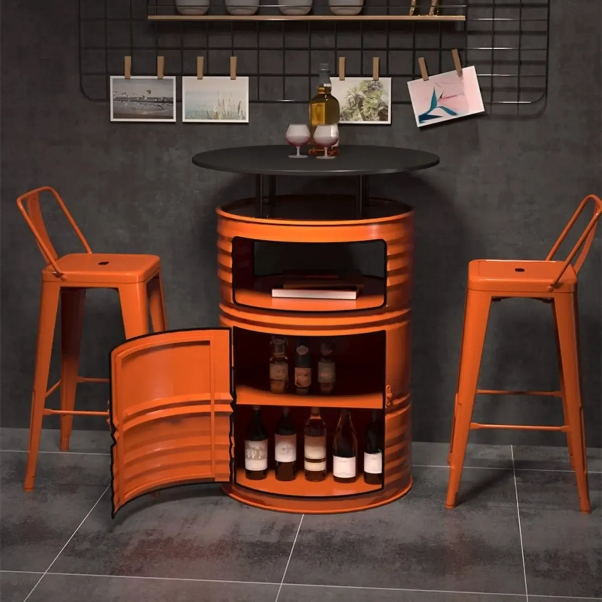 Industrielle schwarze, orangefarbene Metallfass-Stehtische
