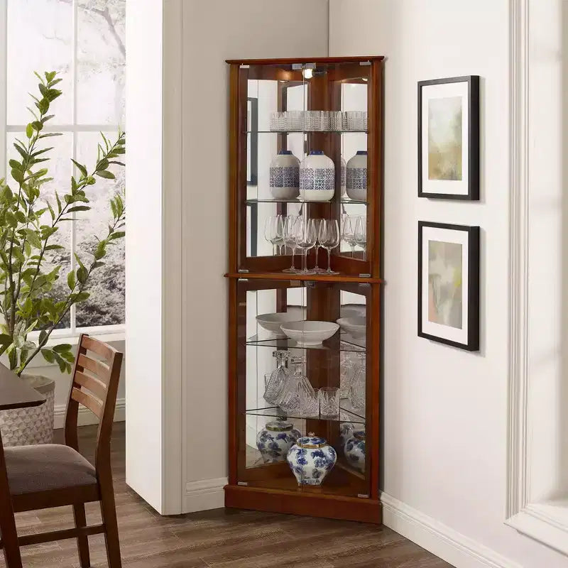 Eck-Vitrinenschrank, Kirsche/Nussbaum, 4-türige Glasvitrine