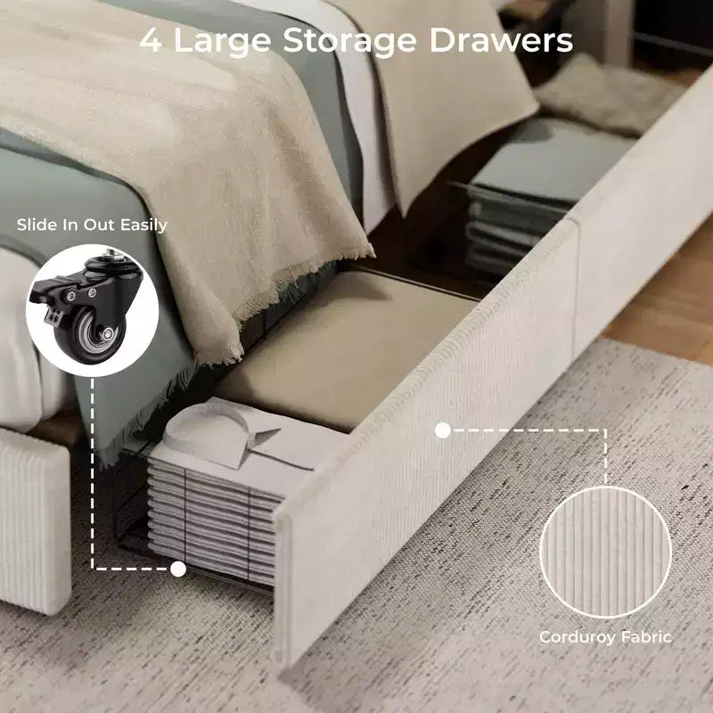 CuisinSmart Corduroy-Bettrahmen mit Kopfteil, gepolsterter Plattform-Bettrahmen mit 4 Schubladen und Holzlattenrostunterstützung