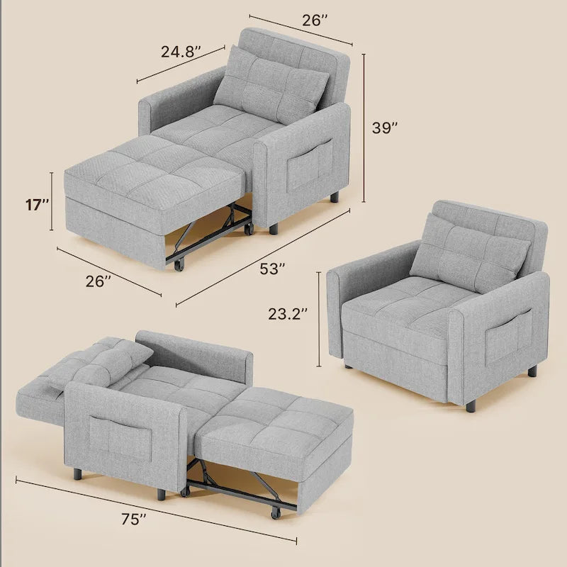 3-in-1 Schlafsofa, ausziehbarer Sessel, umwandelbarer, verstellbarer, klappbarer Polster-Lounge-Sofa