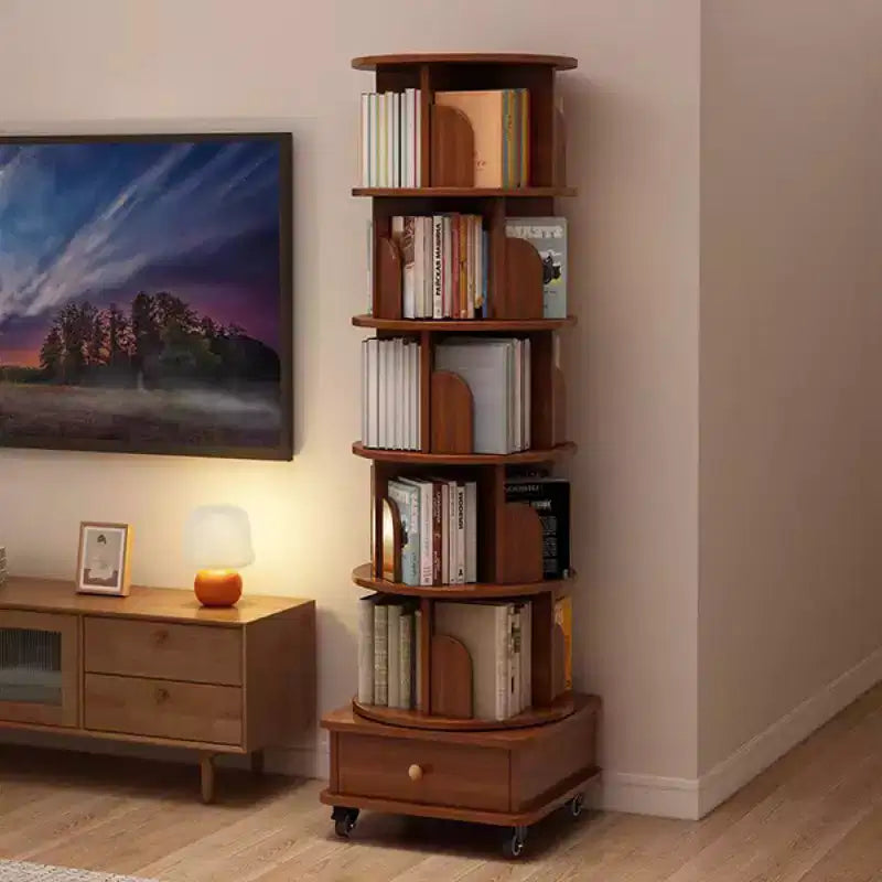 Chic Crate 6-stöckiges, um 360° drehbares Eckregal mit Rollen, schmales Bücherregal für kleine Räume, Nussbaumbraun