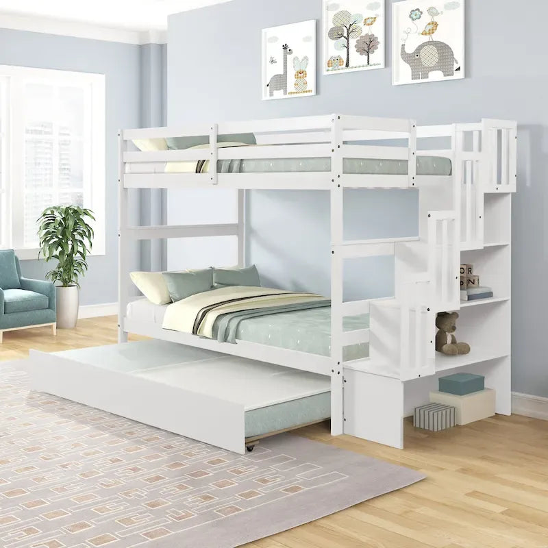 Etagenbett (Twin über Twin) mit ausziehbarem Bett und Treppe mit Stauraum in Grau