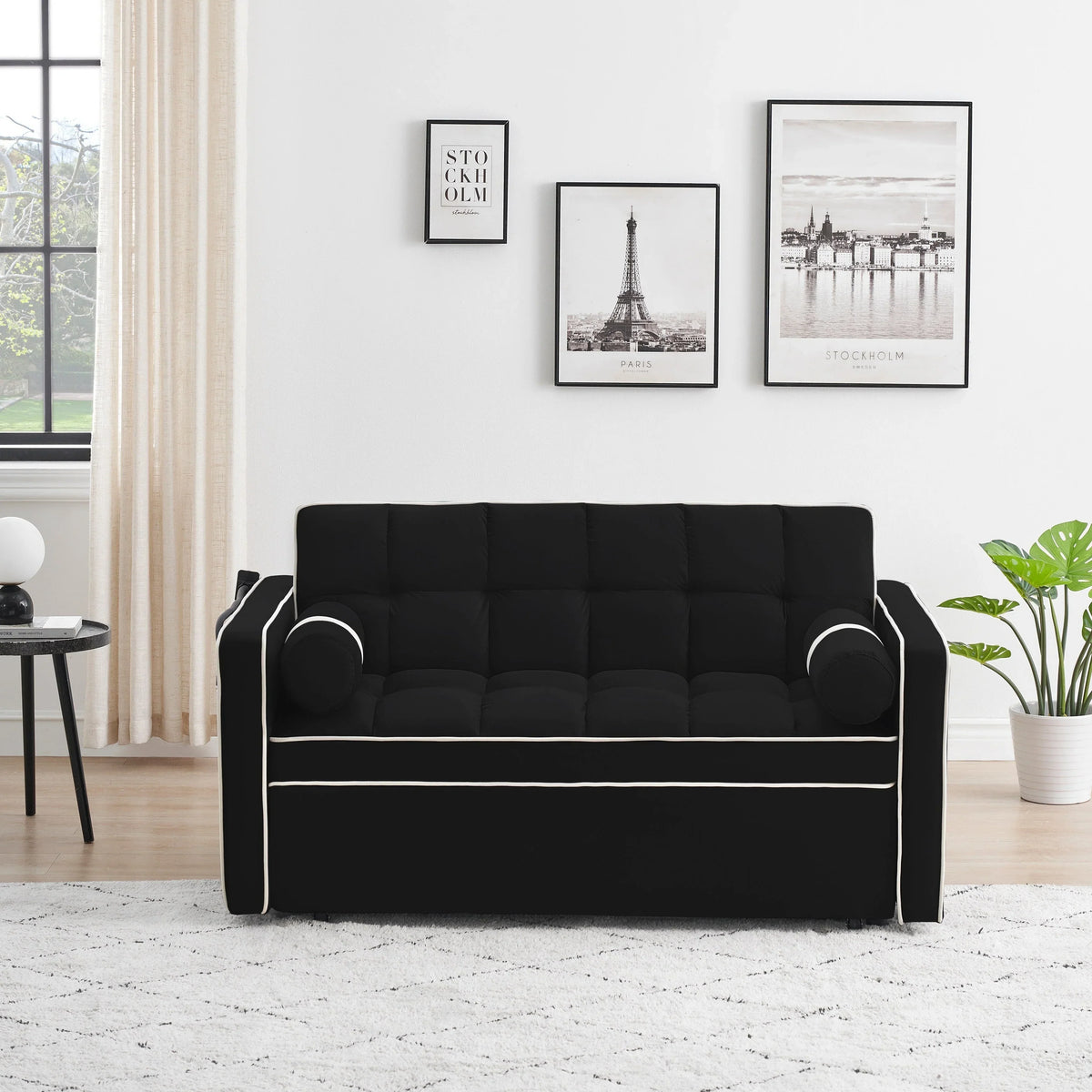 Samt-Schlafsofa zum Umbauen, 140 cm, 2-Sitzer, mit Ausziehbett, verstellbarer Rückenlehne, Seitentaschen und Handyhalterung