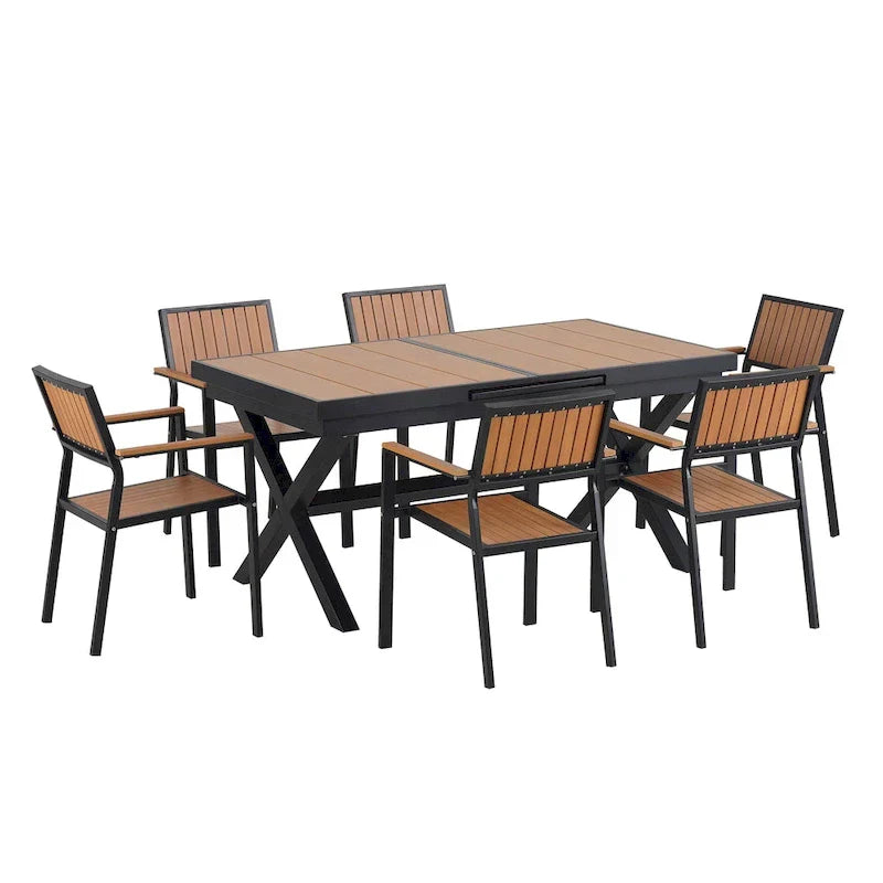 7-teiliges ausziehbares Outdoor-Essgruppe mit Ausziehtisch und 6 Armlehnstühlen