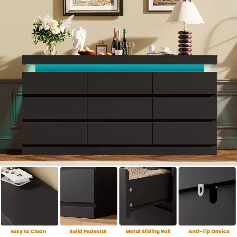 9 Schubladen Kommode für Schlafzimmer, Schubladenschrank mit Ladestation & LED-Beleuchtung, Doppel-Holz-Kleiderschrank, Moderne Kommode TV-Ständer