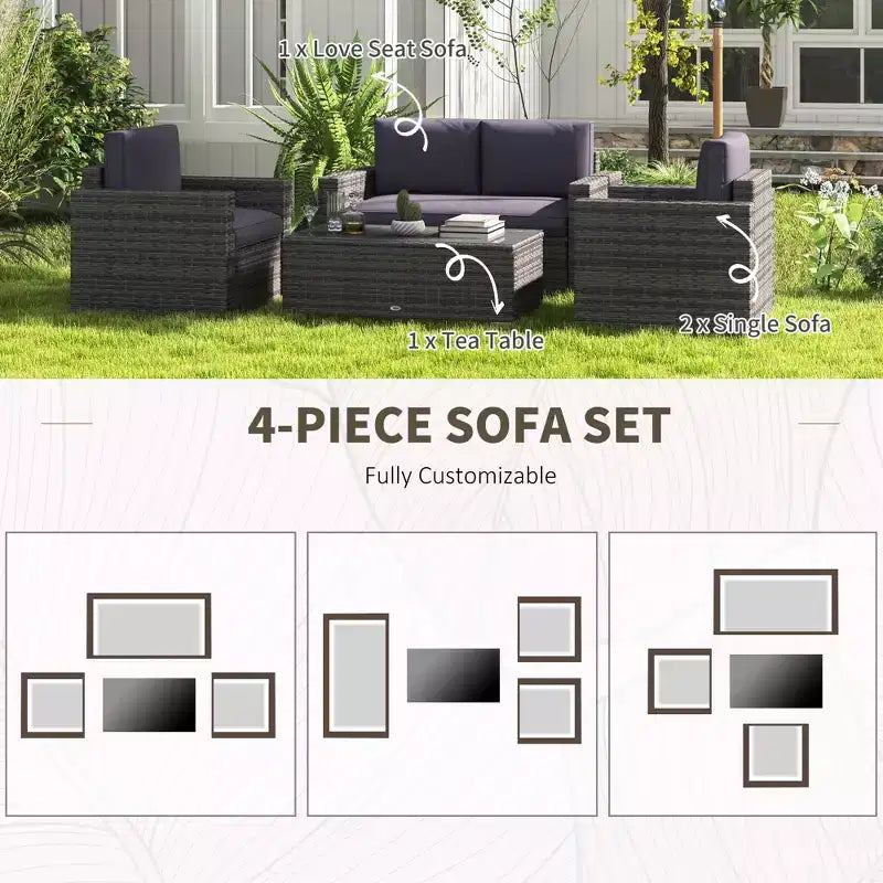 4-teiliges Rattan-Sofa-Set, Korbsessel-Set mit Zweisitzer, Couchtisch mit Glasplatte für Garten und Außenbereich