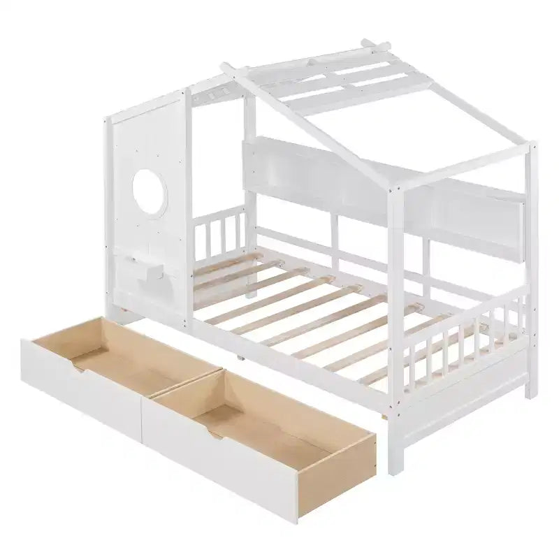 Hausbett aus Holz in Twin-/Full-Size mit 2 Schubladen, Kinderbett mit Ablageregal - ModernLuxe