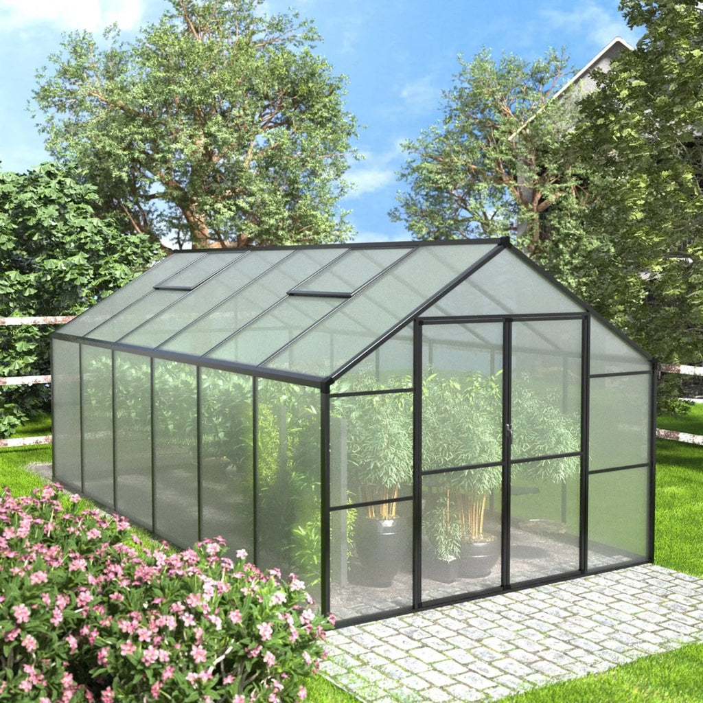 VEIKOUS Aluminium-Gewächshaus-Bausatz mit begehbarem Garten, verstellbarer Dachluke und abschließbarer Tür, Grau