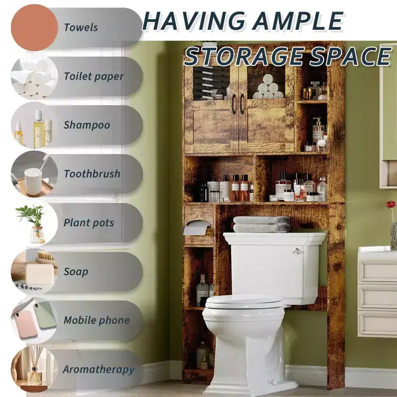 Badezimmerschrank über der Toilette – 171 cm hoher Badezimmer-Organizer im Landhausstil mit verstellbarem Regal und Glastür für Bad und Waschküche