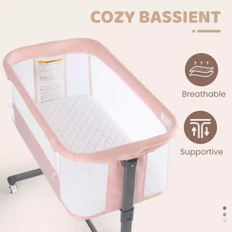Baby-Beistellbett mit Rollen – Beige / Grau / Rosa, Bettschläfer, für 1 Baby
