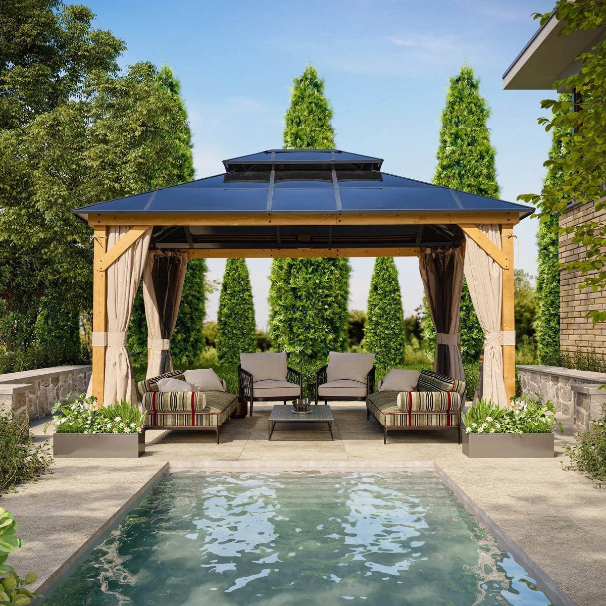 EROMMY Hardtop-Pavillon, Outdoor-Pergola mit Doppeldach & Netzen & Vorhängen, Hochleistungs-Canopy für Terrasse, Garten, Poolparty