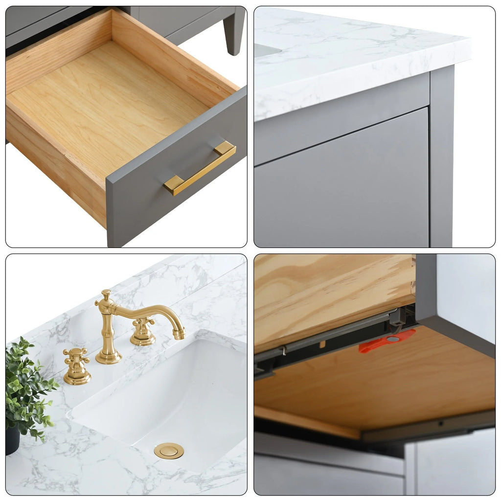 Vanity Art 72 Zoll Badezimmer-Waschtischunterschrank mit Doppelwaschbecken und Kunstmarmorplatte