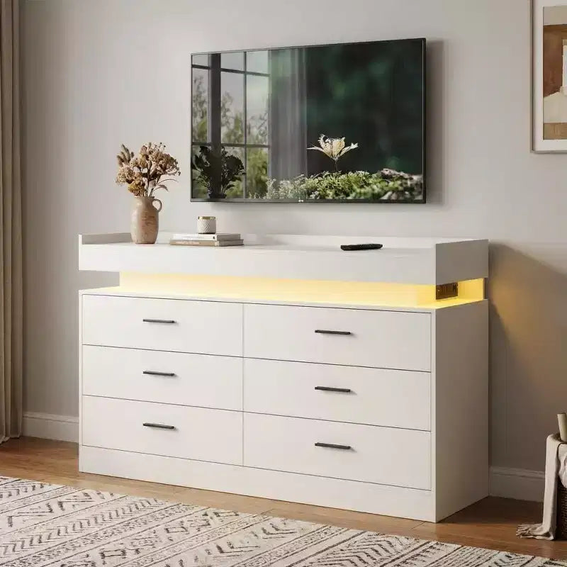 Moderner TV-Schrank mit 6 Schubladen & LED-Beleuchtung, schwebende Arbeitsplatte als Kaffeebar für Wohnzimmer Entertainment Center