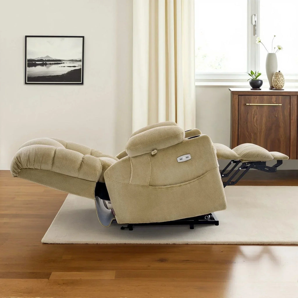 MCombo Großer, breiter Power-Lift-Liegesessel mit zwei Motoren, Massage und dualer Heizung für große und korpulente Senioren, Stoff R7635