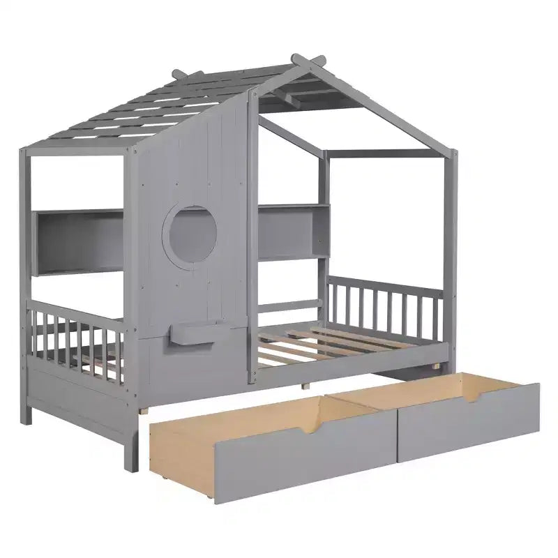 Hausbett aus Holz in Twin-/Full-Size mit 2 Schubladen, Kinderbett mit Ablageregal - ModernLuxe