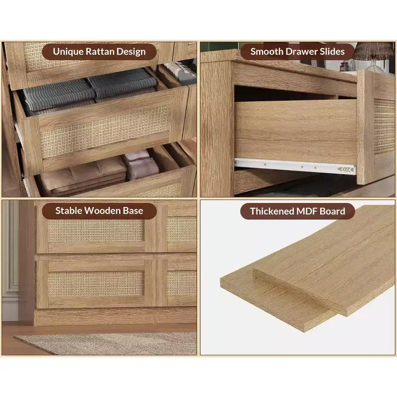 Rattan-Kommode für Schlafzimmer mit 6 Schubladen, 47" moderne Farmhouse breite Kommode, Holz-Aufbewahrungsschrank-Organizer für Kleiderschrank, Wohnzimmer, Flur