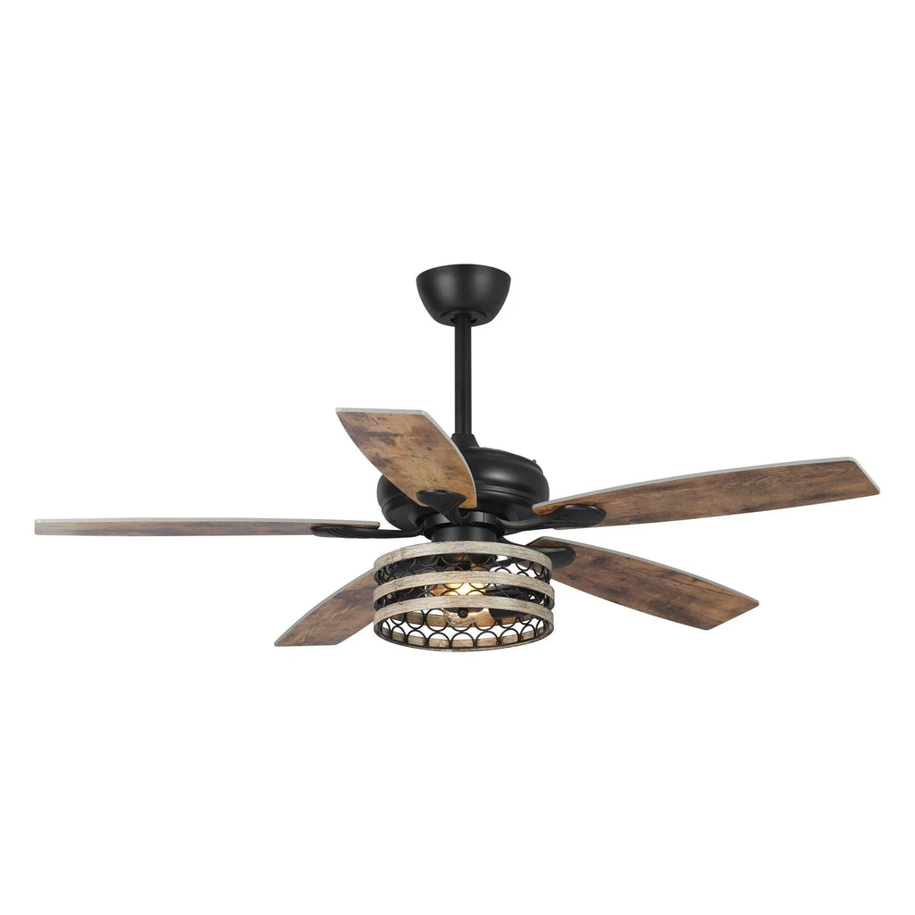 52 Farmhouse Driftwood 5-Flügel Deckenventilator mit Käfig in Schwarz und Fernbedienung