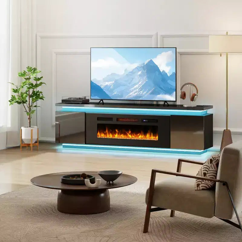 Skyzoo Elektrischer Kamin-TV-Ständer für Fernseher bis 80 Zoll mit LED-Beleuchtung & 4 Wechselstromsteckdosen, TV-Konsole für das Wohnzimmer