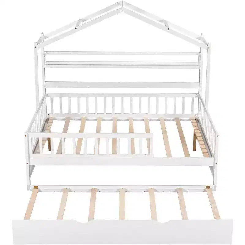 Acekool Hausbett in voller Größe mit ausziehbarem Doppelbett, Schubladen und Regalen, Dach und Zaun, Kinderplattformbett, Weiß