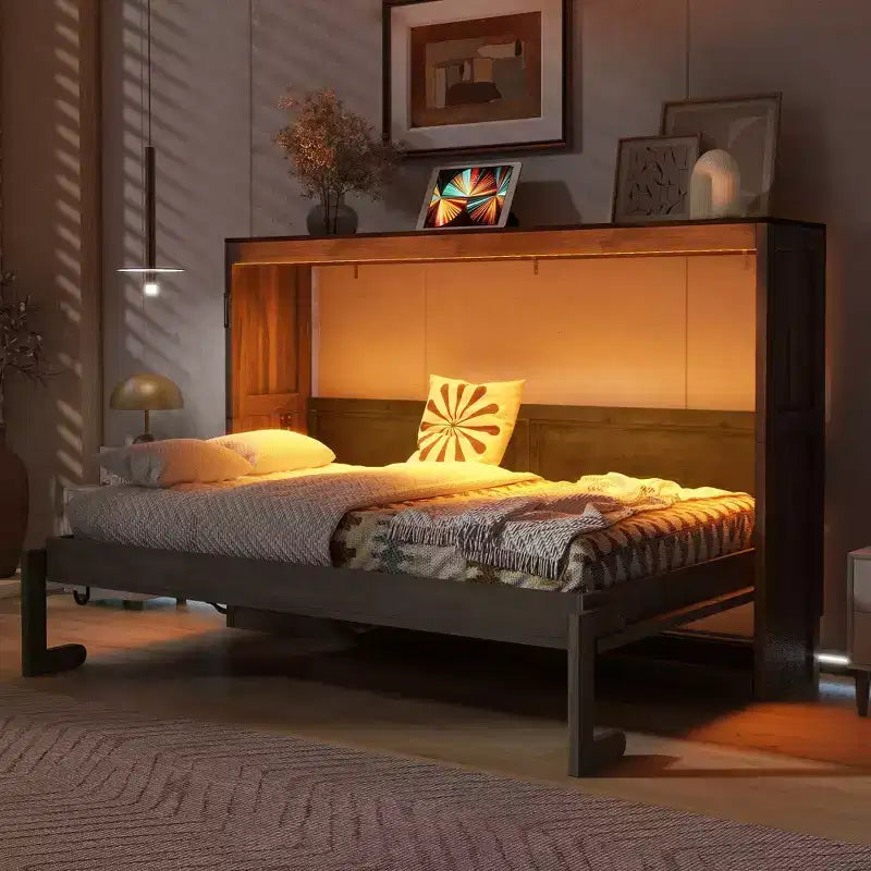 Doppelbett Murphy-Bett mit LED-Beleuchtung, kann in einen Schrank umgewandelt werden, Verstecktes Wandbett-Schrank für Gästezimmer