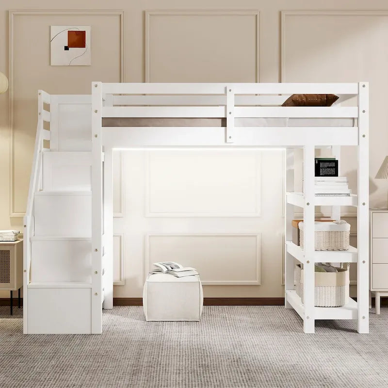 Hochbett mit Stauraumtreppe (Einzel-/Doppelbett) – Regale, Kleiderschrank & LED-Beleuchtung, platzsparendes Design