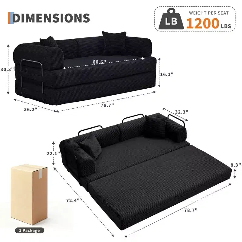 4-in-1 Schlafsofa, 79" rahmenloses Cord-Klappbodenbett mit Kissen, keine Montage erforderlich, Zweisitzer für kleine Wohnungen