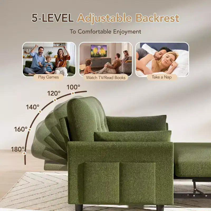 Dyonery 3-in-1 Schlafsofa, ausziehbares Schlafsofa mit Seitentasche und verstellbarer Rückenlehne, werkzeuglose Montage, faltbares Liebessofa