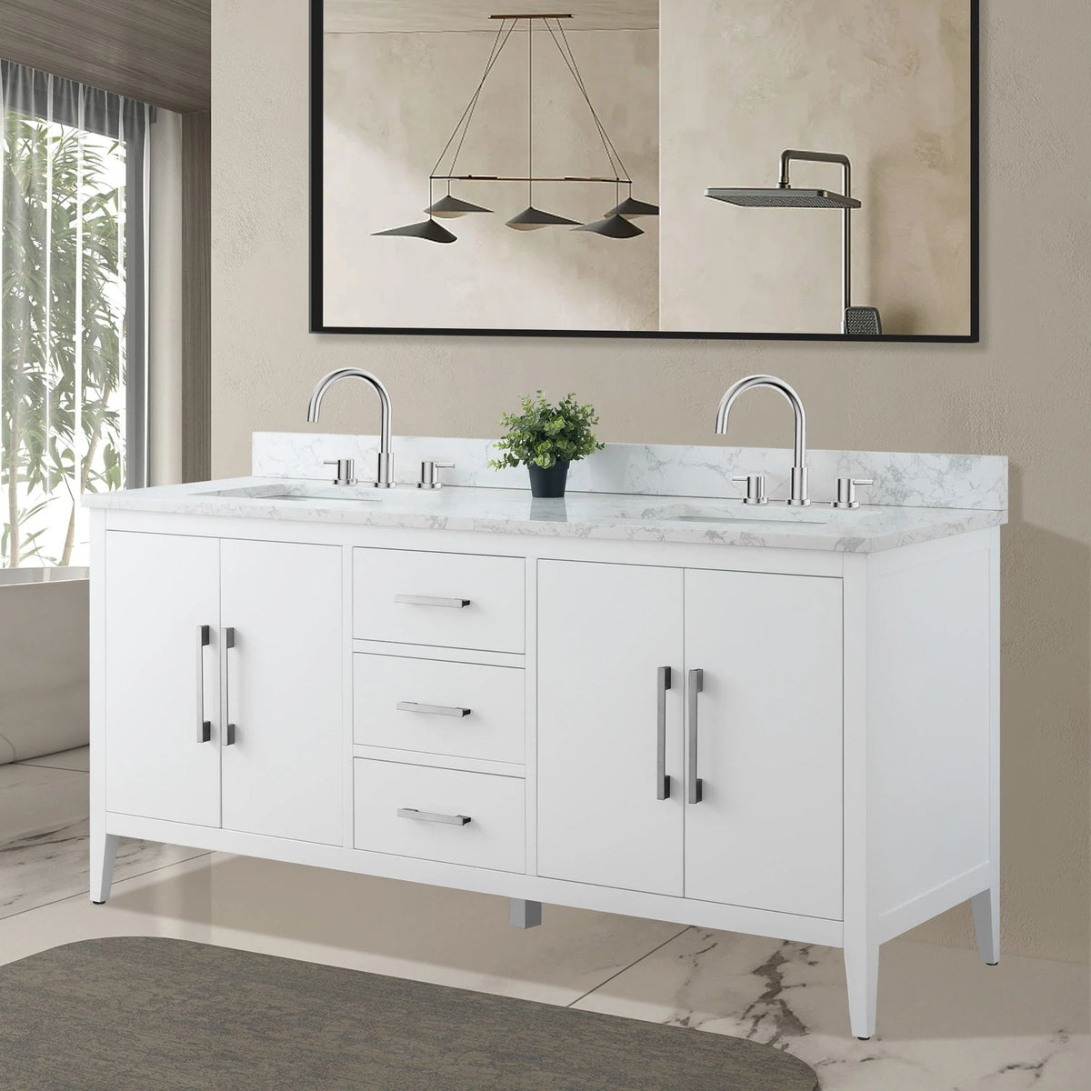 Vanity Art 72 Zoll Badezimmer-Waschtischunterschrank mit Doppelwaschbecken und Kunstmarmorplatte