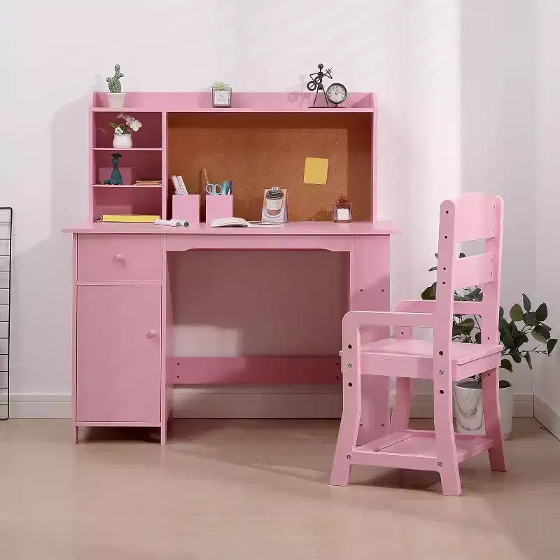 Kinderschreibtisch, Schreibtisch- und Stuhlset für Jungen und Mädchen, Holzkinder-Schreibtisch mit Bücherregal, Pinnwand, Schrank und Schublade für Kinder von 3-8 Jahren