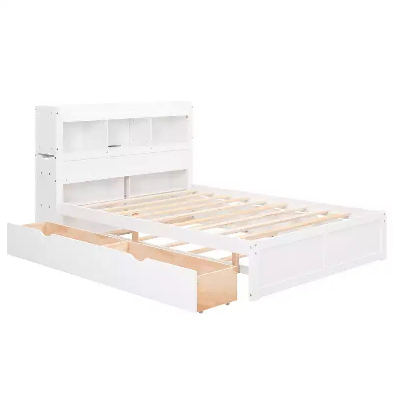 Plattformbett in voller Größe mit Stauraum, Ausziehbett, Kopfteil mit Bücherregal und Ladestation, Bettgestell aus Holz in voller Größe mit Regalen und Schubladen