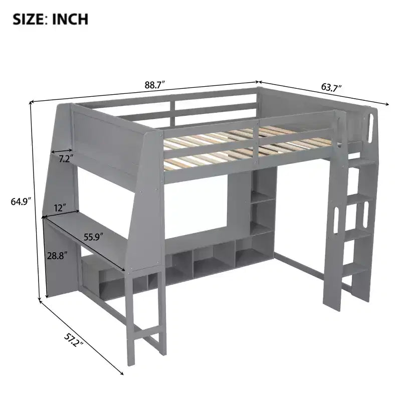 Whisen Wood Gaming-Hochbett (Twin Size) mit Schreibtisch, mehreren Ablagefächern, LED-Beleuchtung und einer Kleiderstange