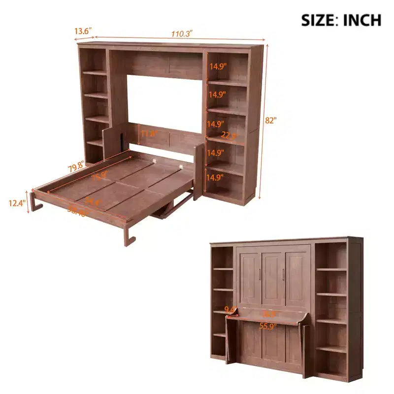 Wandklappbett für Doppel-/Queensize-Betten, platzsparendes Wandbett mit Schreibtisch und Bücherregal, Dunkelbraun – ModernLuxe