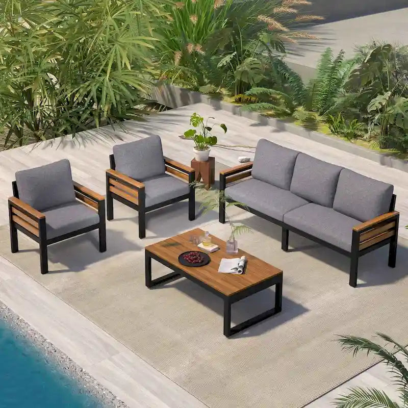 4-teiliges Outdoor-Sofa-Set für 5 Personen mit Couchtisch aus Massivholz und abnehmbaren Kissen