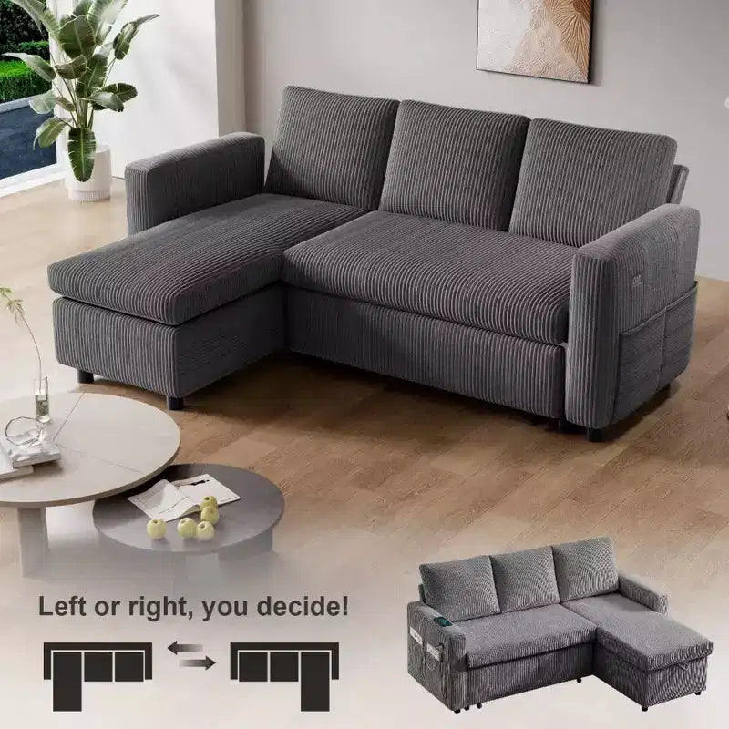 Dyonery 2-in-1 Schlafsofa ausziehbar mit Stauraum-Recamiere, Cord-Ecksofa mit USB-Anschlüssen für das Wohnzimmer