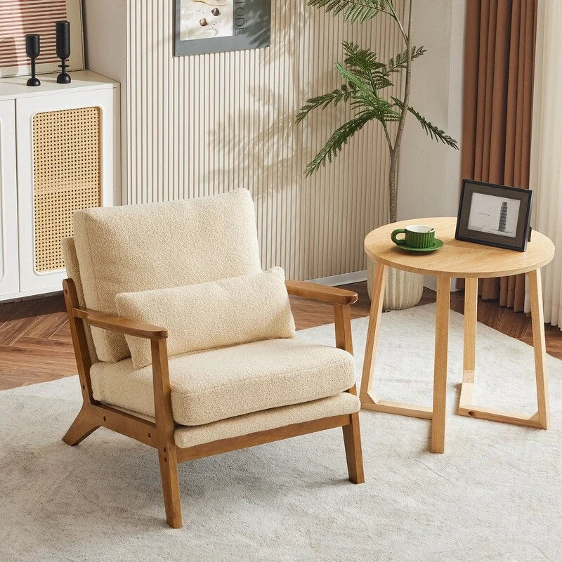 Polster-Akzentsessel aus Leinenmischgewebe mit Holzbeinen und einem Kissen, Beige