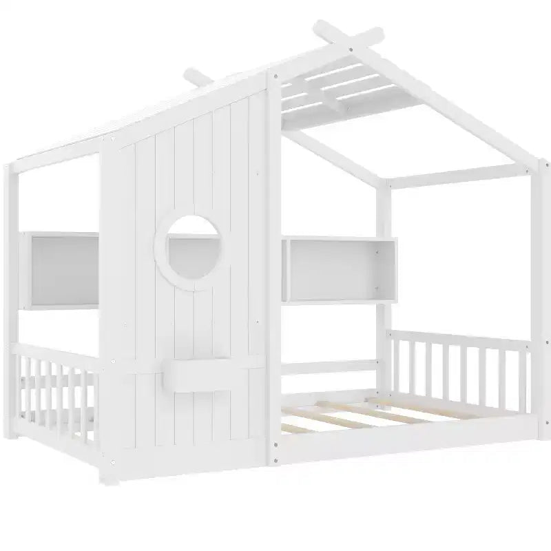 Bodenhausbett mit integrierten Ablageregalen & Lattenrost