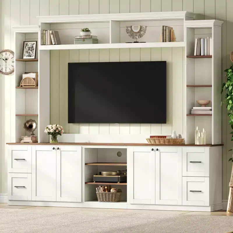 ModernLuxe 4-in-1 Bauernhaus Unterhaltungszentrum Wandregal, passend für Fernseher bis 70 Zoll, TV-Ständer Medienkonsole mit verstellbaren Regalen und Schubladen