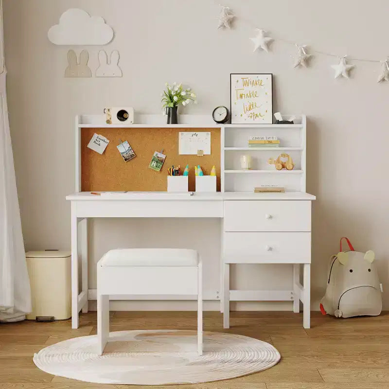 Kinder Schreibtisch und Stuhl Set, Holz Lerntisch mit verstellbarer Neigungsplatte, Schubladen & Korktafel - Schul-Lernschreibtisch Set für Kinder