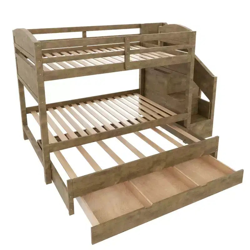 Whisen Twin XL Etagenbett mit Ausziehbett, Etagenbett mit Stauraum, Etagenbett aus Massivholz, Treppe mit Stauraum, Kleiderschrank, 3 Schubladen, für Kinder