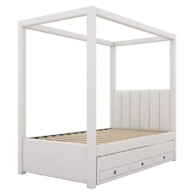 Plattformbett mit Baldachin, Leinenbezug, vollbettgroß, mit Ausziehbett und drei Schubladen