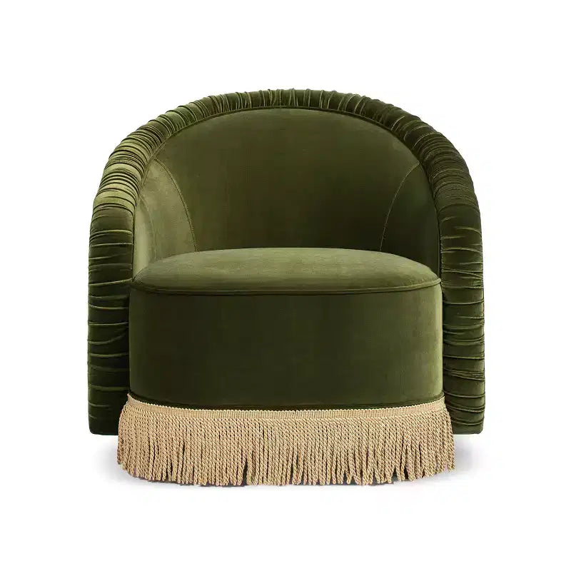 Jennifer Taylor Home Serena 31.5 Ruched Barrel Back Akzentsessel mit Bullion-Fransen, olivgrüner Performance-Samt