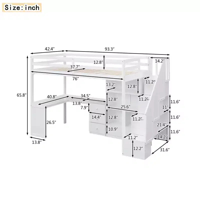 Hochbett in Twin-Größe mit L-förmigem Schreibtisch, 3 Schubladen, Schrank, Treppenstauraum, aus massivem Kiefernholz/MDF gefertigt