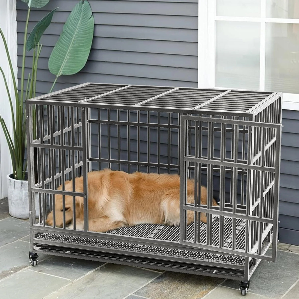 BOSSIN 48/38 Zoll Schwerlast-Hundebox, unverwüstlich, ausbruchsicher, mit feststellbaren Rollen