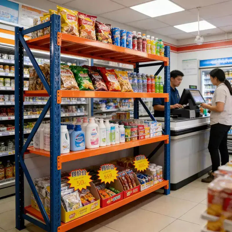VIYET Schwerlast-Garagenregale, 4-stöckig, 2000 kg Tragkraft, verstellbares Metallregal, blau-orangefarbene Industrieregale für Geschäft/Werkzeuge/Fitnessstudio
