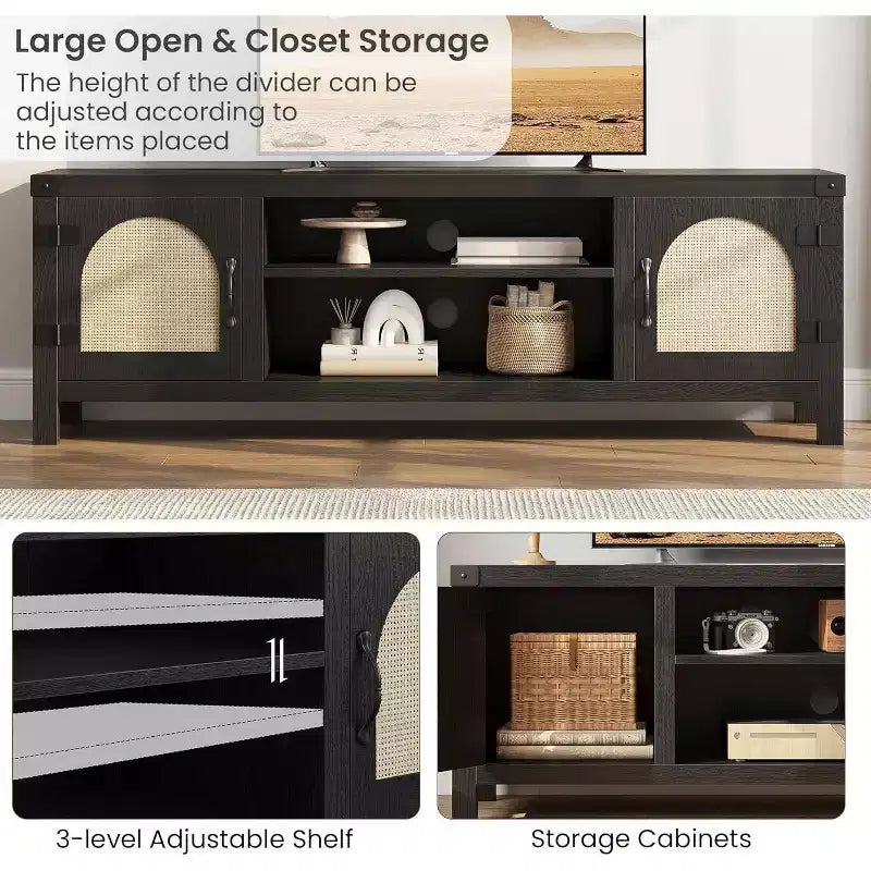 65-Zoll TV-Schrank im Bohème-Stil mit Rattantür – Hölzernes Entertainment-Center mit zwei Schränken und verstellbaren Einlegeböden, geeignet für Wohnzimmer