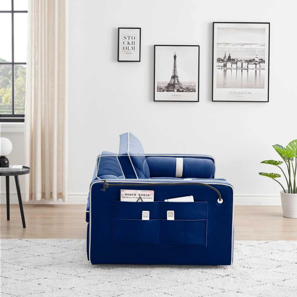 Samt-Schlafsofa zum Umbauen, 140 cm, 2-Sitzer, mit Ausziehbett, verstellbarer Rückenlehne, Seitentaschen und Handyhalterung